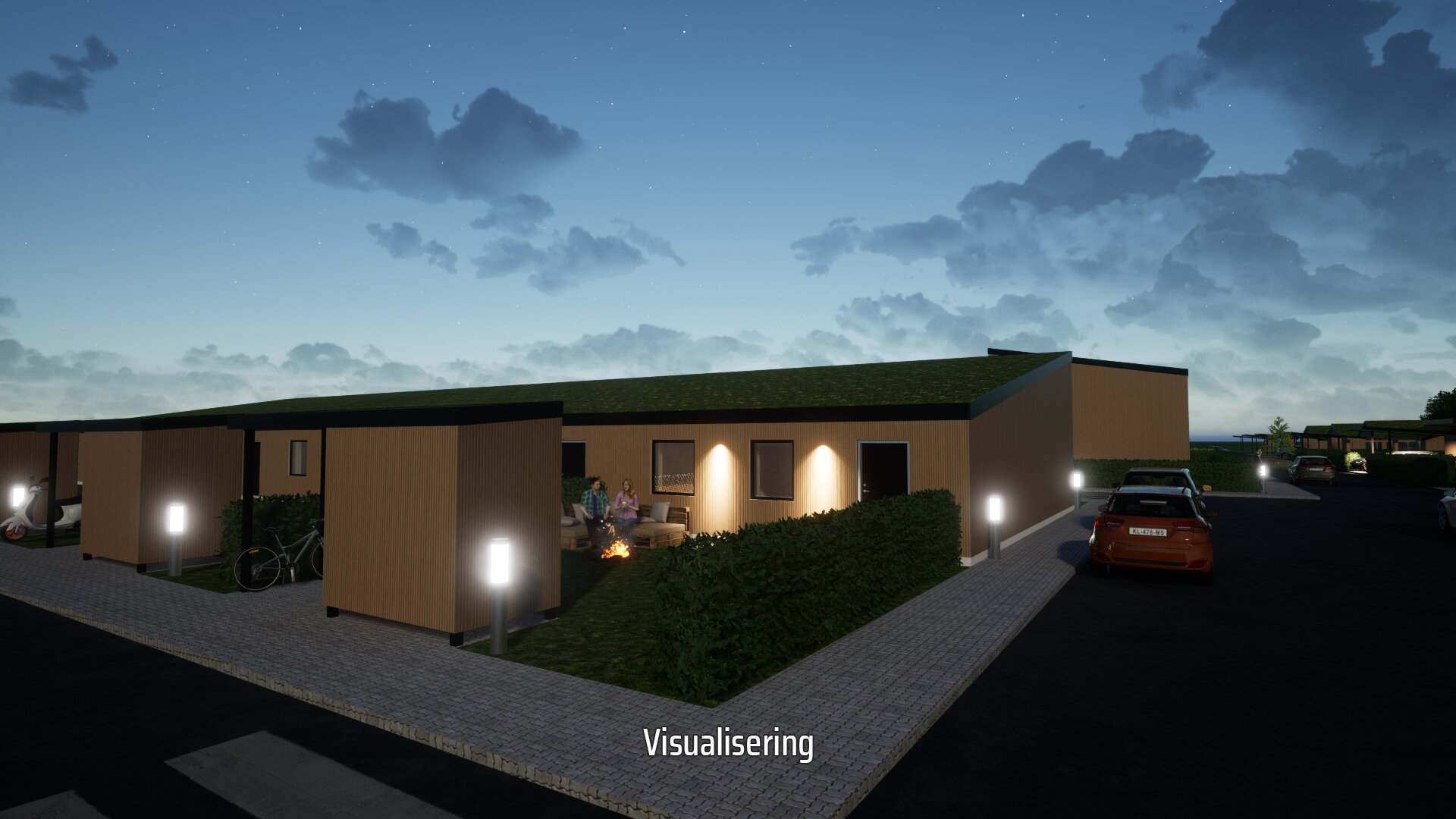 Rækkehuse Frederiksværk set fra vejen i aftenbelysning - visualisering